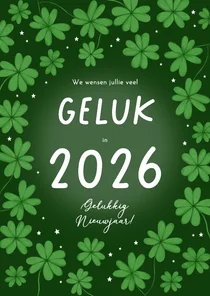 Nieuwjaarskaart groen klavertjes vier geluk 2026