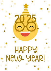 Nieuwjaarskaart happy new year emoji met 2025 bril