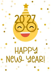 Nieuwjaarskaart happy new year emoji met 2027 bril