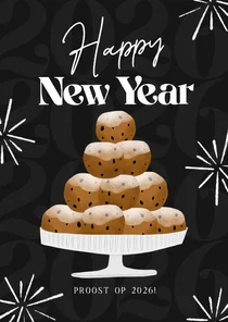 Nieuwjaarskaart happy new year oliebollen zwart 2026
