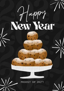 Nieuwjaarskaart happy new year oliebollen zwart 2027