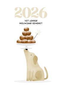 Nieuwjaarskaart hondje met oliebollen en jaartal 2026