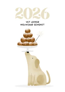 Nieuwjaarskaart hondje met oliebollen en jaartal 2026
