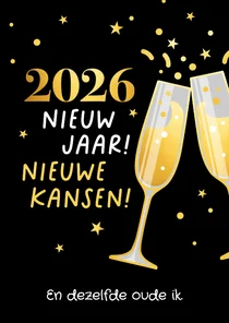 Nieuwjaarskaart humor ‘2026, nieuwe kansen, oude ik'