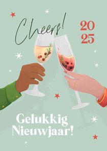 Nieuwjaarskaart illustratie champagne cheers 2025 sterren