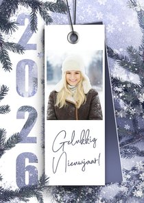 Nieuwjaarskaart label 2026 blauw winter