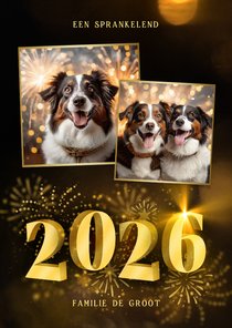 Nieuwjaarskaart met 2026 3D met 2 foto's en vuurwerk