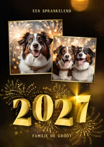 Nieuwjaarskaart met 2027 3D met 2 foto's en vuurwerk
