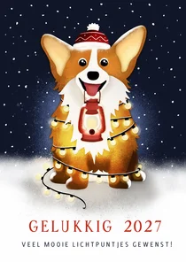 Nieuwjaarskaart met corgi hond met lampjes in de nacht