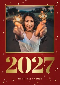 Nieuwjaarskaart met foto, gouden 2027 en sterren