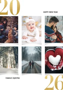 Nieuwjaarskaart met fotocollage en gouden 2026