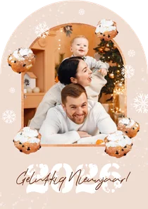 Nieuwjaarskaart oliebollen boogvorm sneeuw foto