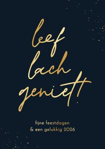 Nieuwjaarskaart quote leef lach geniet goud donkerblauw
