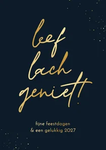 Nieuwjaarskaart quote leef lach geniet goud donkerblauw