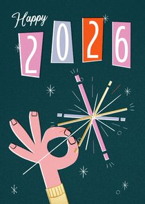Nieuwjaarskaart retro sterretje vuurwerk 2026