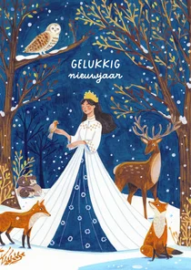 Nieuwjaarskaart sneeuwkoningin in het dieren bos