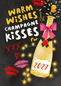 Nieuwjaarskaart 'Warm wishes and champagne kisses'.