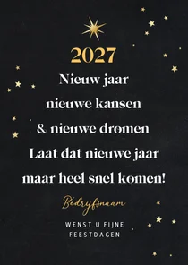 Nieuwjaarskaart zakelijk kerstboom sterren goud 2027