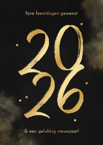 Nieuwjaarskaartje 2026 goud met sterretjes en waterverf