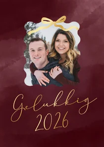 Nieuwjaarskaartje foto gouden strik bordeaux 2026