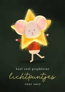 Nieuwjaarskaartje lichtpuntjes ster om hoofd muisje