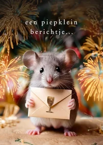 Nieuwjaarskaartje met schattig muisje piepklein berichtje