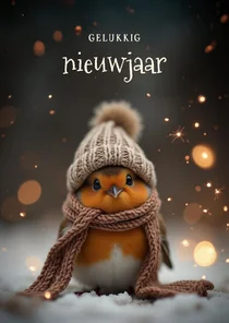 Nieuwjaarskaartje met schattig roodborstje en sterren