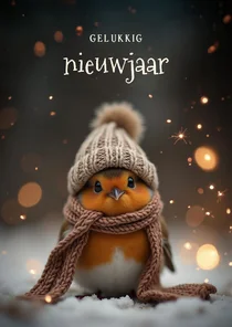Nieuwjaarskaartje met schattig roodborstje en sterren