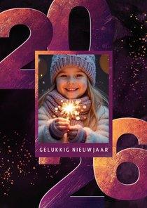 Nieuwjaarskaartje paars geel 2026 met kader foto