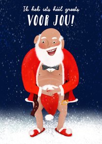 Ondeugende kerstkaart met halfblote kerstman