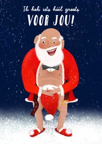 Ondeugende kerstkaart met halfblote kerstman
