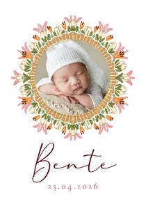 Origineel geboortekaartje klassiek bloemenkader cirkel foto