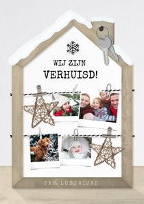 Originele kerst verhuiskaart met houten huisje fotocollage