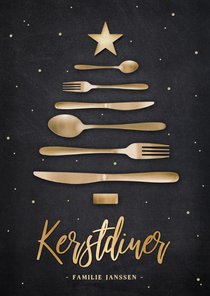 Originele menukaart kerstdiner met bestek in kerstboom vorm