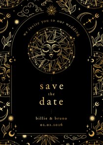 Originele save the date kaart astrologie zon met goudfolie