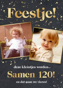 Originele uitnodiging samen jarig met kinderfoto's en folie