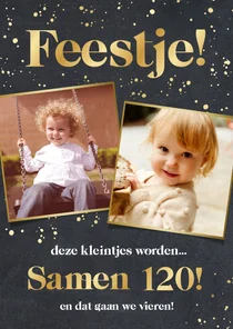 Originele uitnodiging samen jarig met kinderfoto's en folie