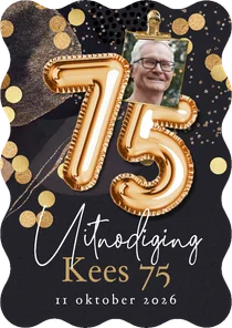 Originele uitnodiging verjaardag 75jaar cijferballon goud