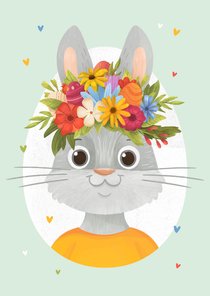 Paashaas paaskaart bloemen lente hartjes vrolijk