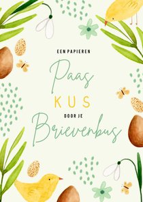 Paaskaart papieren paaskus door de brievenbus kuikens ei