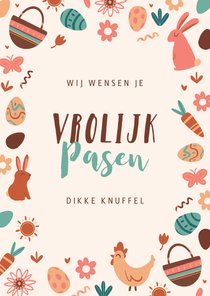 Paaskaart vrolijk pasen eieren paashaas kip bloemen