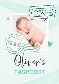 Paspoort geboortekaartje unisex mintgroen made with love