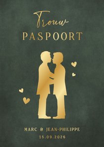 Paspoort trouwkaart met silhouet 2 mannen in goudfolie