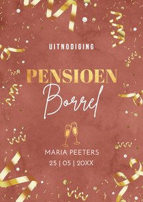 Pensioen uitnodiging borrel vrouw roze goudlook confetti