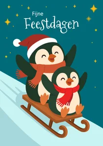 Pinguins op slee kerstkaart