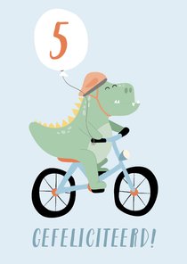 Rechthoekige wenskaart met tekening van een dino op de fiets