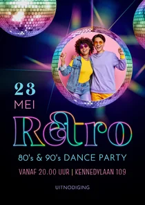 Retro uitnodiging discobal in lichtgevende regenboogkleuren
