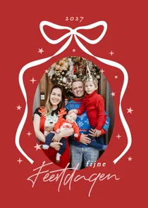 Rode foto kerstkaarten met grote strik en sterren