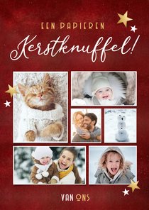 Rode fotocollage kerstkaart - papieren kerstknuffel van ons 