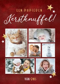 Rode fotocollage kerstkaart - papieren kerstknuffel van ons 